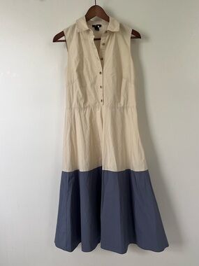 100% Cotton Halogen Colorblock Collared Sleeveless Midi Dress in Cream and Blue